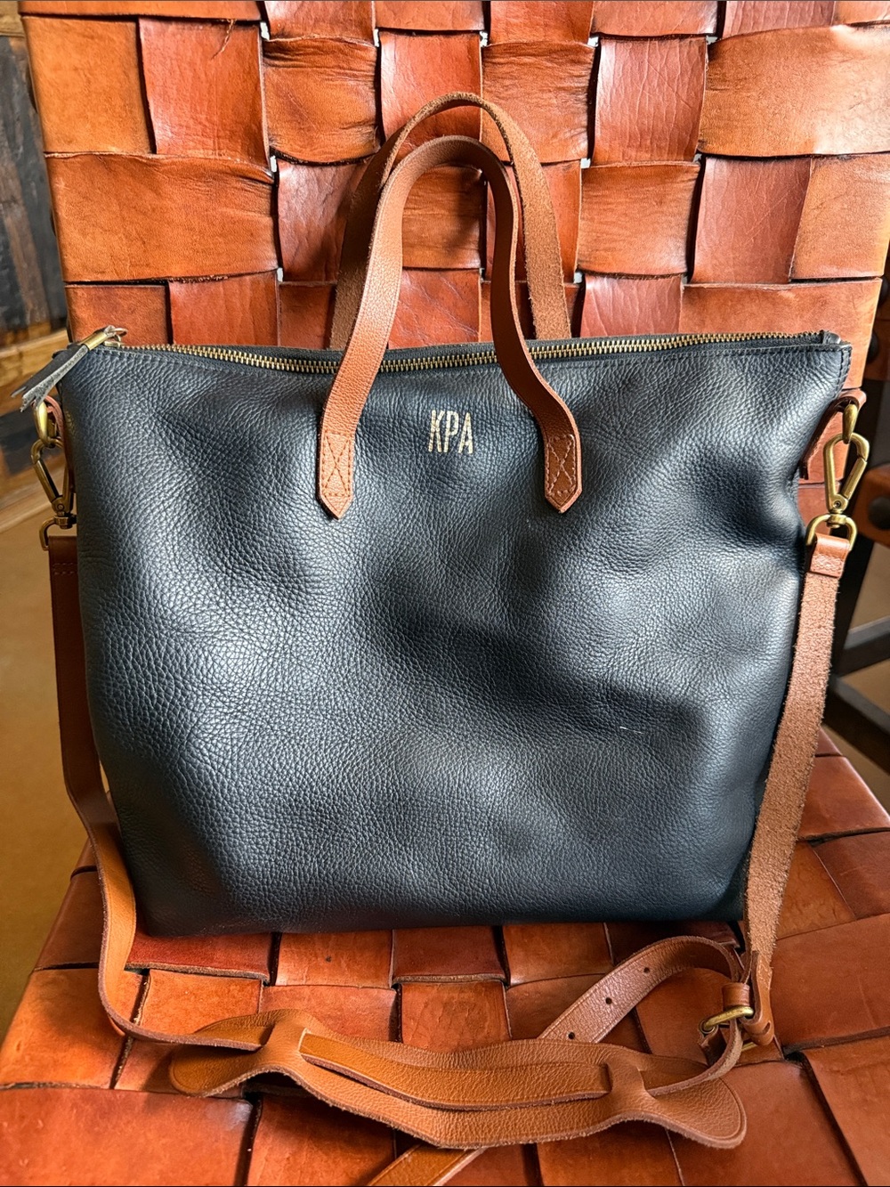Madewell Black Leather Tote with Brown Handles